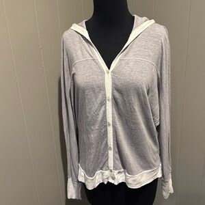 Eileen Fisher 100% linen gray w/white rib trim button front hoodie sweater Small